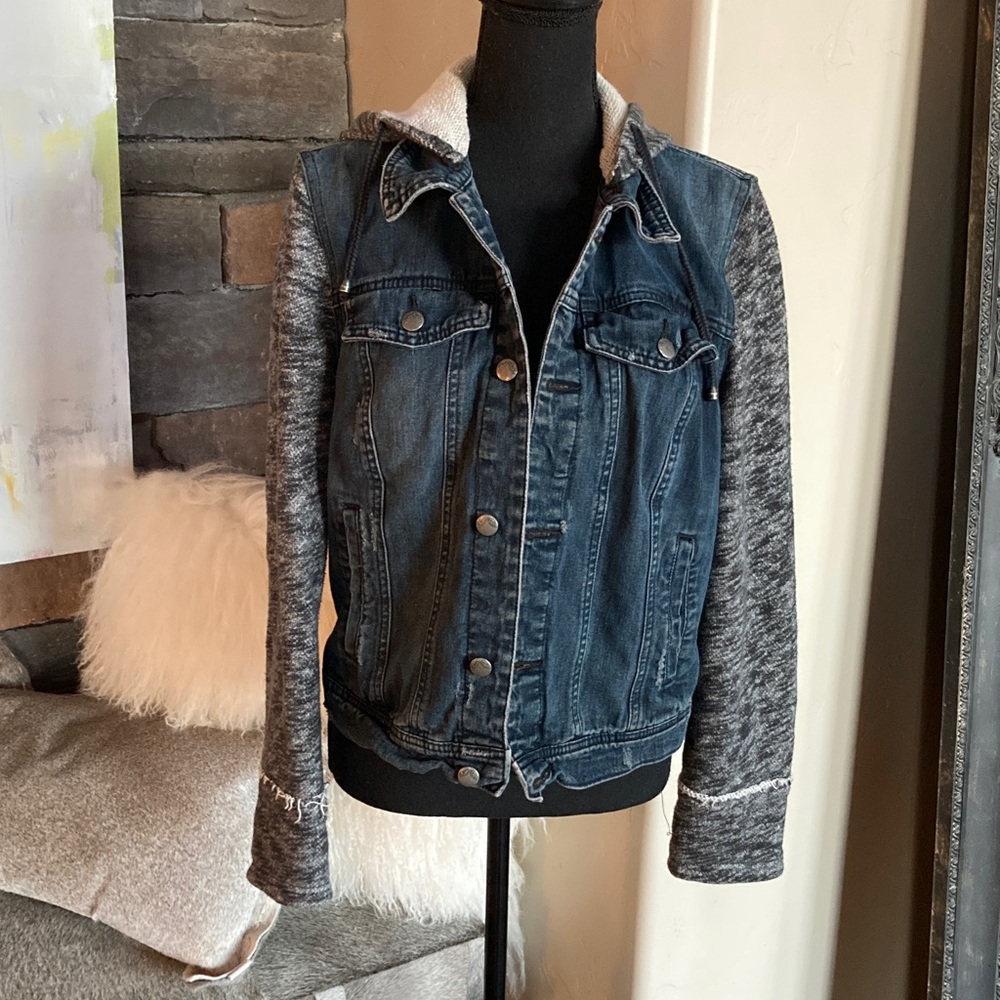 Free People Boho Grunge Hooded Denim Sweatshirt Streetwear Jacket - Picture 5 of 13